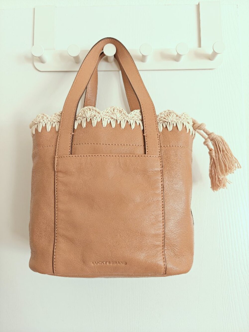 Lucky Brand Toni Tan Leather Crochet Trim Drawstring Satchel Handbag